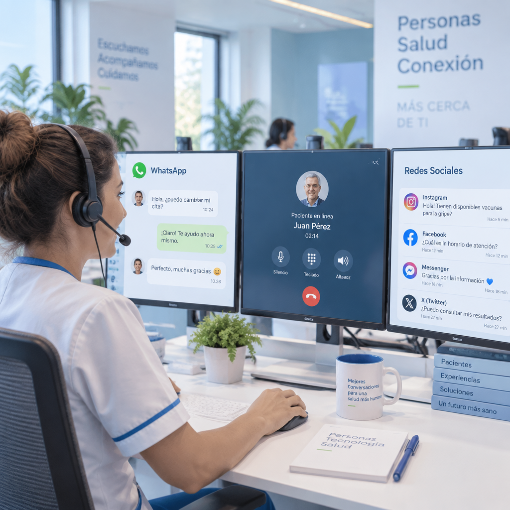 Agente sanitario gestionando conversaciones unificadas de pacientes
